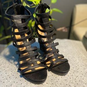 Express Black Strappy Wedge Heels w/Zipper Closure